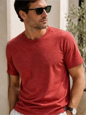 Hugo Boss Linen T Shirt Mens Large Red Heather Short Sleeve Made Portugal Casual